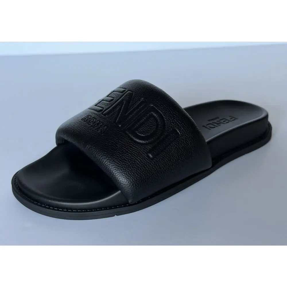 Fendi Men's Roma Leather Slide Sandals Black 8 US/7 UK IT 7X1649 NIB $750